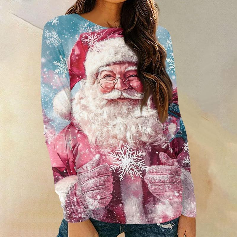 Christmas Party Women T-shirt 3D Santa Claus Print Long Sleeve Holiday Graphic Tops O-Neck