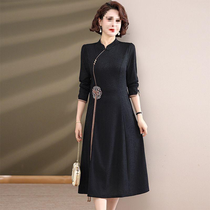 Embroidered Floral Mid-Length Dress - Trendy Spring/Autumn Wear for Middle-Aged and Elderly Women, Chinese Style.