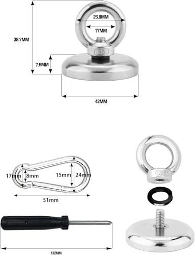 YESCUT Super Strong Magnetic Hooks with Carabiners (Set of 8), 58kg Weight Capacity, 42mm Diameter, 304 Stainless Steel, Strong Magnets, Rust-Resistan