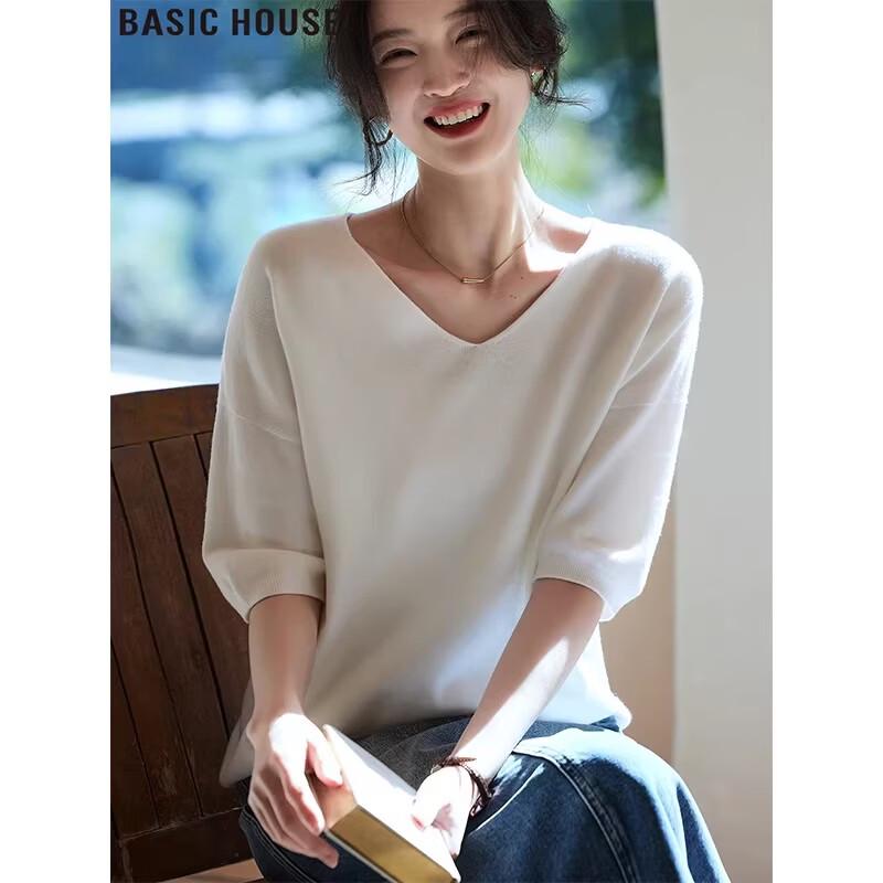 

Basic House Women s V-Neck Knitted Five-Quarter Sleeve Top M