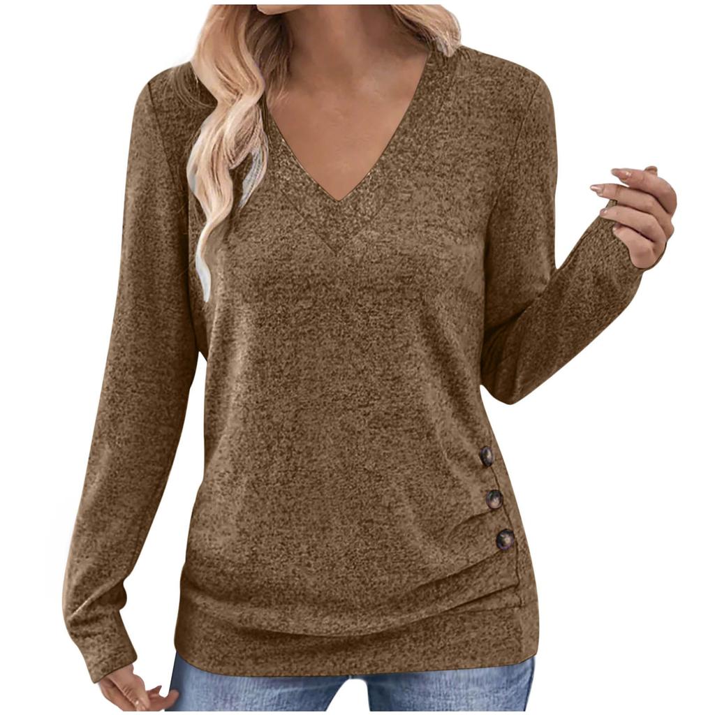 Womens Long Sleeve V Neck Solid Color T Shirt With Buttons Elegant Top