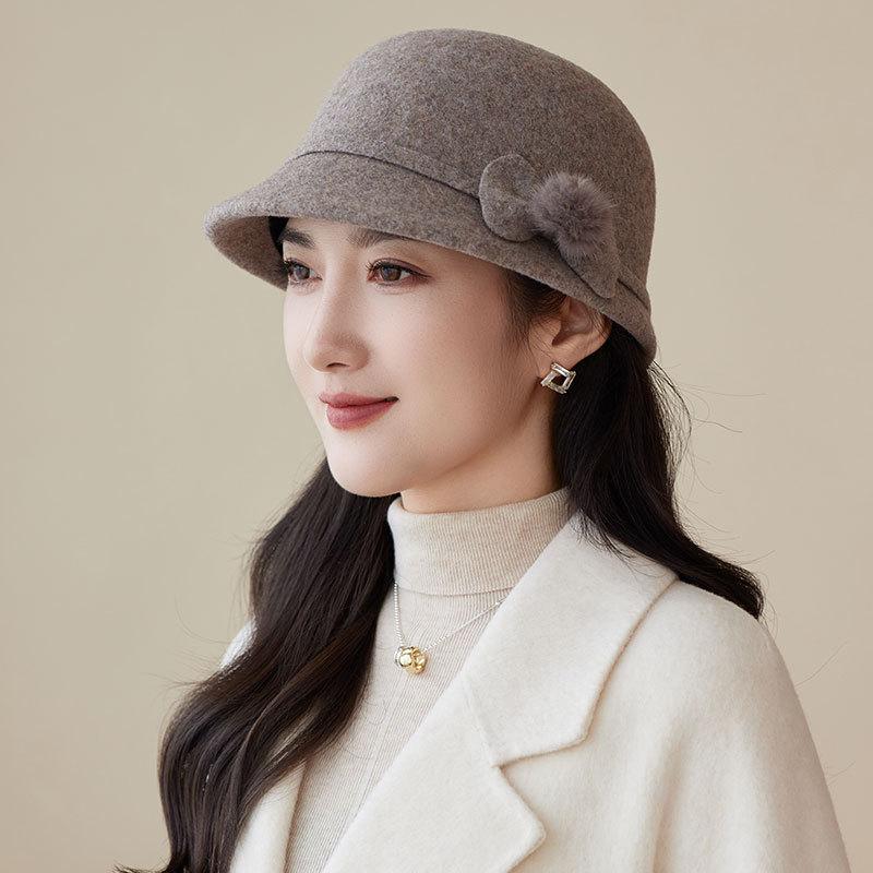 Autumn and Winter Basin Hat Retro Hepburn Style Bow Bucket Hat Ladies Elegant Woolen Fashion Basin Hat