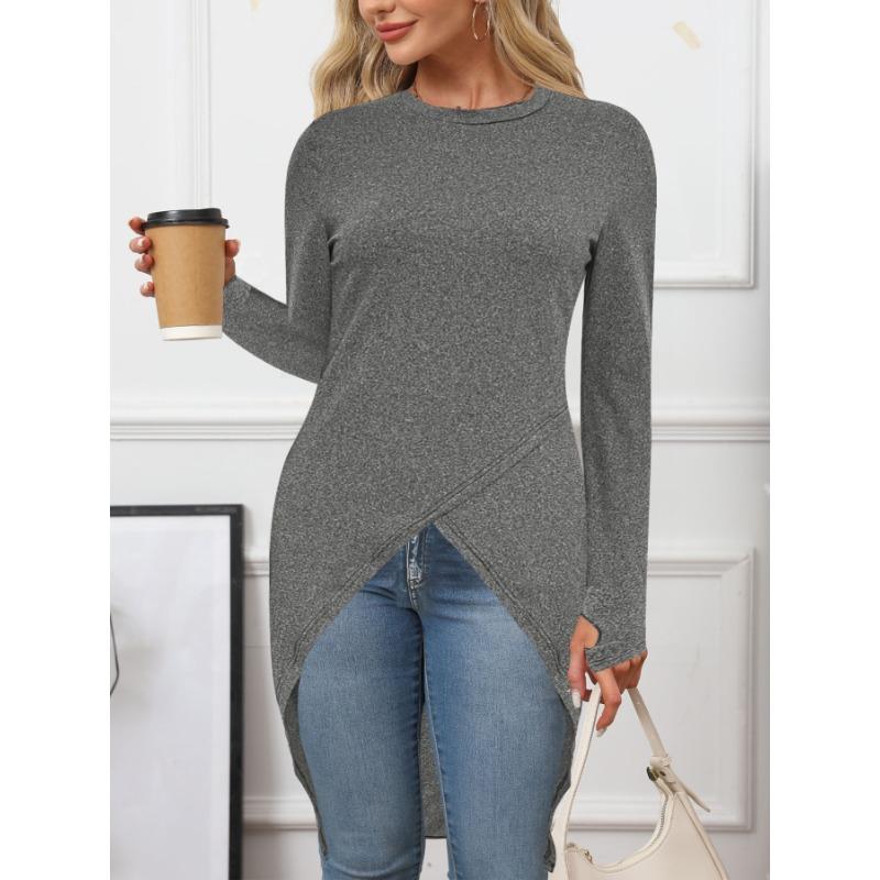 Women's New Solid-coloured Round Neck Long-sleeved Split Casual Temperament Commuting Mid-length Dresses