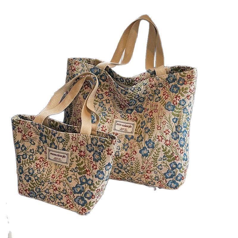 Grand Tote d'Épaule en Toile Florale 2025 - Sac à Déjeuner Créatif, Mignon & Isolé