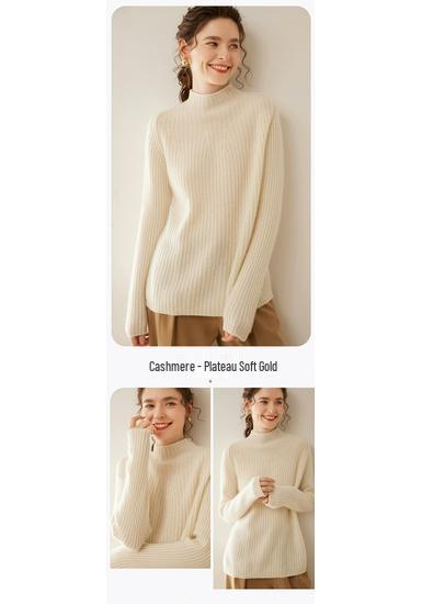 Women's Slim-Fit Ribbed Cashmere Sweater - Half-High Neck Knit Top for Autumn and Winter