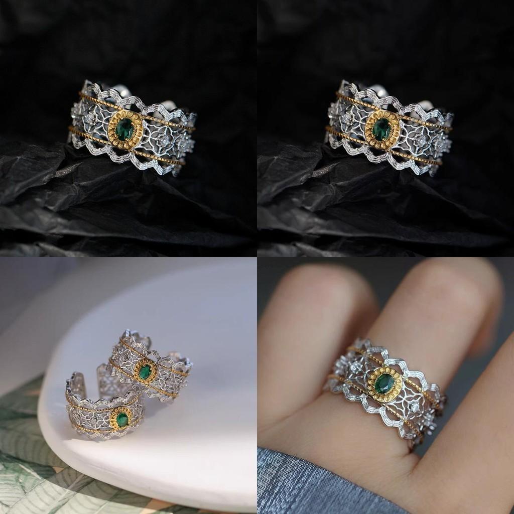 Elegant Luxury Style Open Adjustable Copper Ring For Women With Green Diamonds