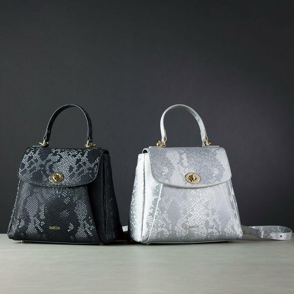 Barcos Python Print New Shoulder and Long Wallet Design with Standing Bottom Perfect for Commuting and Silver 3-Way Backpack, Material, Women's Bag,