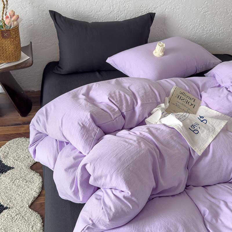 Solid Color Mixed and Matched Washed Cotton 4-piece Set Bed Sheet 4-piece Bed Hat Four-piece Set Simple and Comfortable