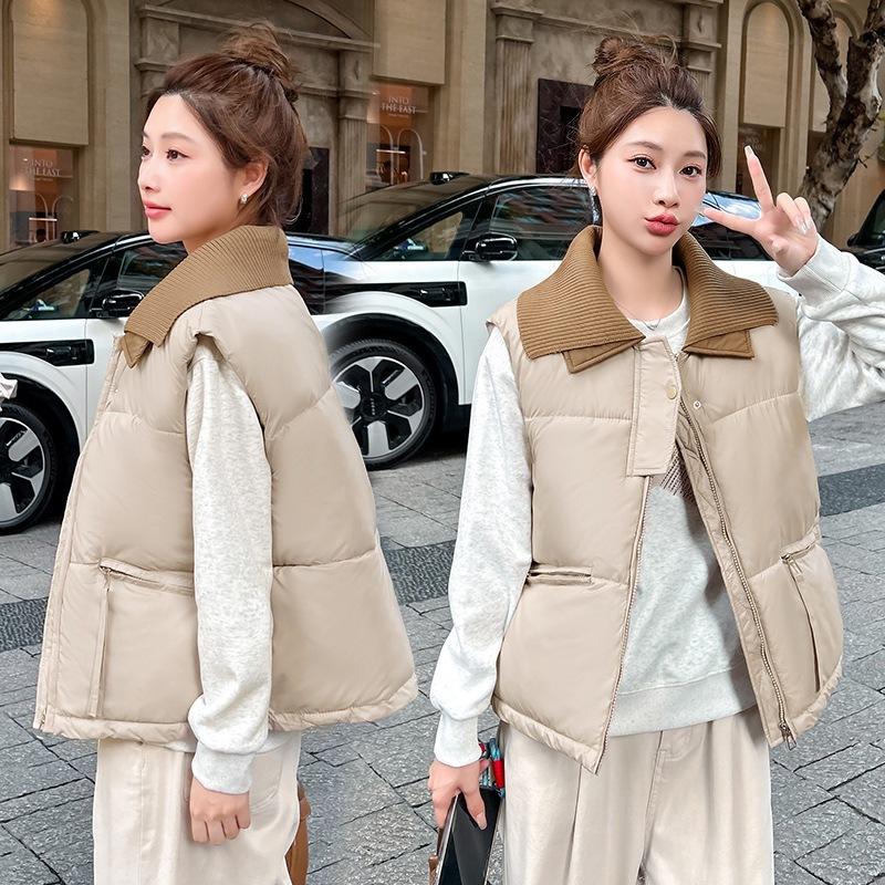 PU knitted collar down cotton vest women's autumn and winter short loose cotton vest cotton jacket vest stand collar vest outside