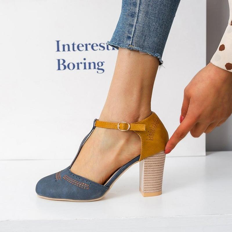 Spring and Summer New Europe and The United States and The United States Retro Round Head Colorful Dingbats Buckle Shoes