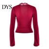 Solid Color Lace Print Blouse Women's Long Sleeve Crop Top Sexy Deep V Neck Slim Fit Bell Sleeves Club Wear Casual Basic Low Cut Going Out Shirt