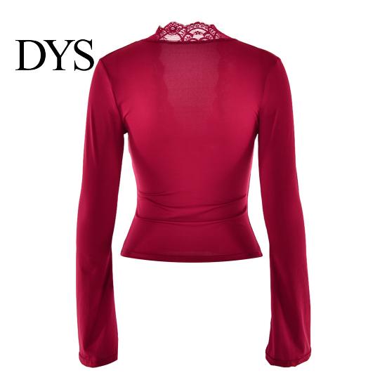 Solid Color Lace Print Blouse Women's Long Sleeve Crop Top Sexy Deep V Neck Slim Fit Bell Sleeves Club Wear Casual Basic Low Cut Going Out Shirt