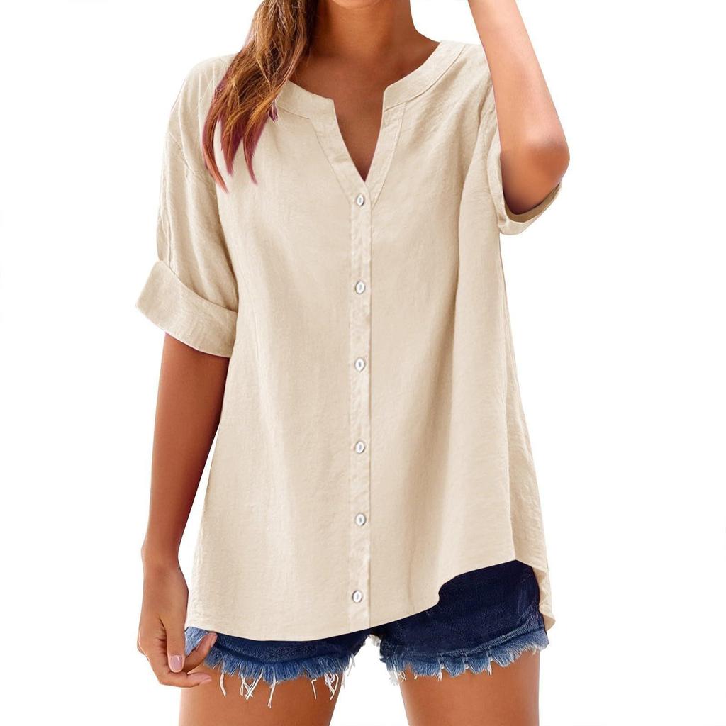 Spring and Summer New Button Shirt, Casual, Loose and Elegant Plus-size V-neck Top