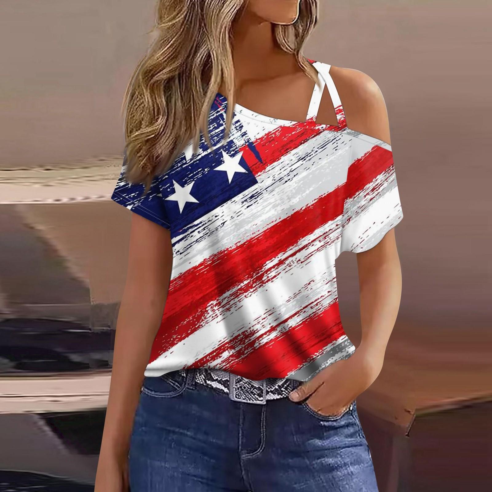 

Женская мода, повседневная футболка с принтом на День независимости, сексуальная футболка с короткими рукавами и открытыми плечами, топ L красный