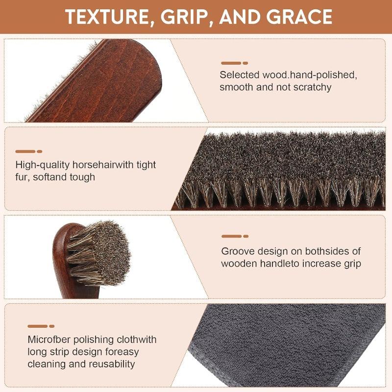 3pcs Horsehair Shoe Brush Kit for Leather Boots Suede Cleaning Polish and Shine with Microfiber Cloth Household Cleaning Tools