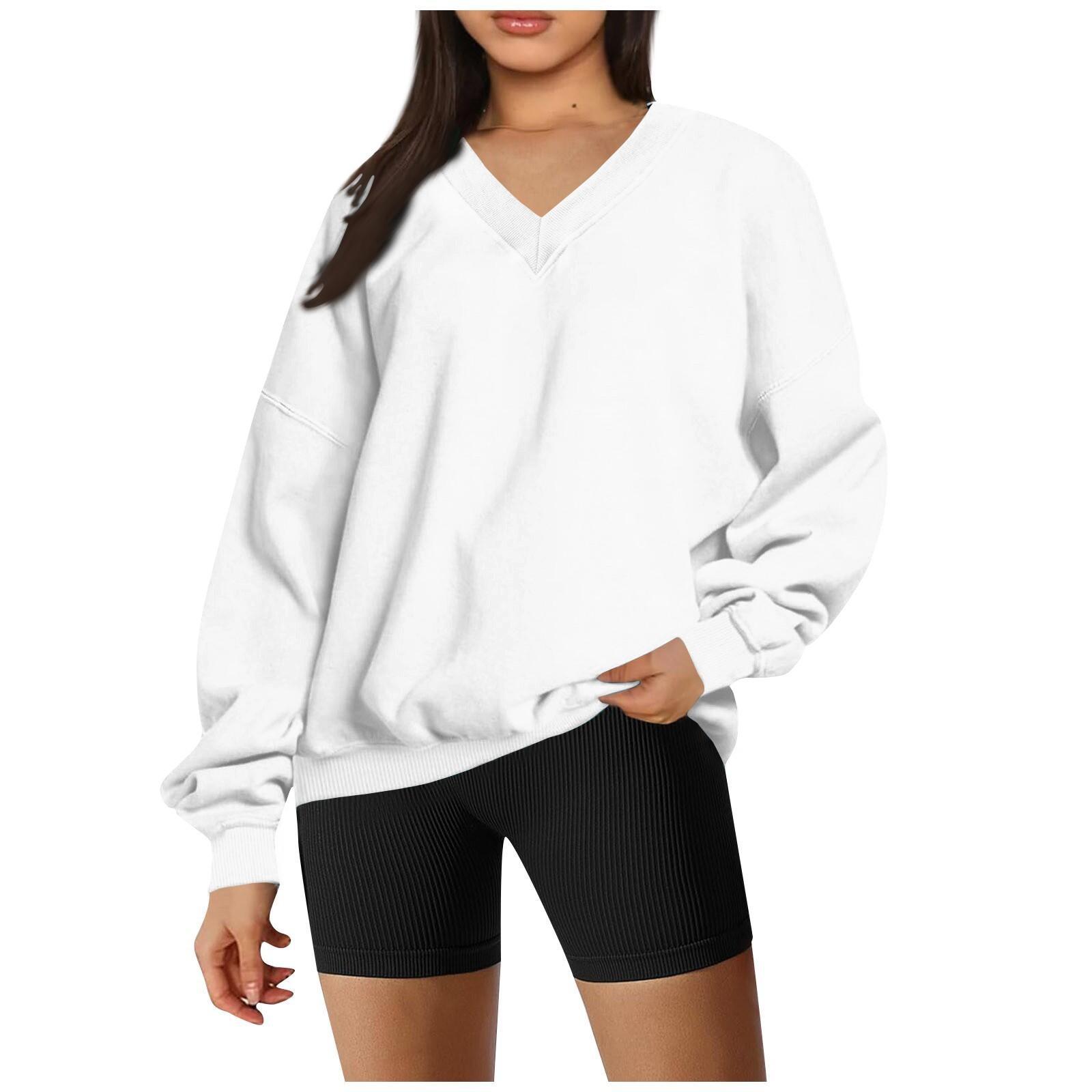 

Женская мода, повседневная однотонная толстовка с длинным рукавом и v-образным вырезом XL белый