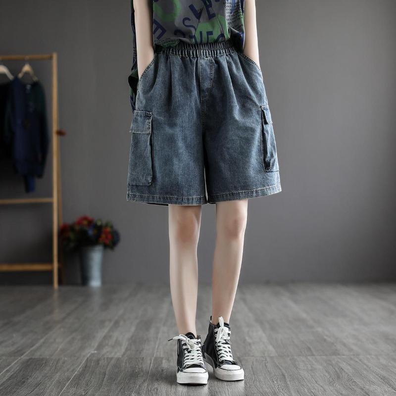 Spring Summer Oversized Women's Korean Elastic High Waisted Patchwork Pocket Loose Distressed Wide-leg Denim Shorts JJ102
