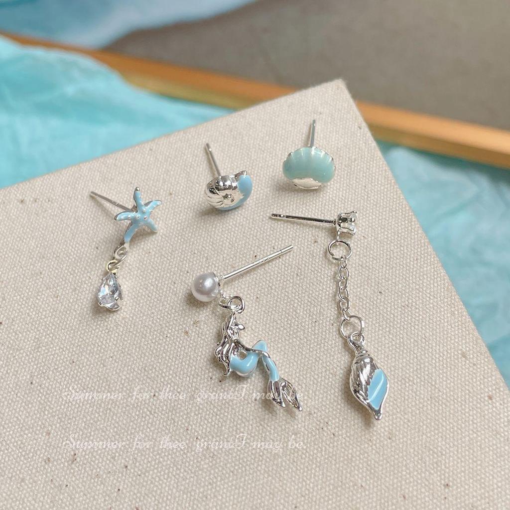 Ocean Fresh Mermaid Princess Silver Stud Earring Set for Women - Conch & Starfish Designs, Exquisite Summer Niche Jewelry