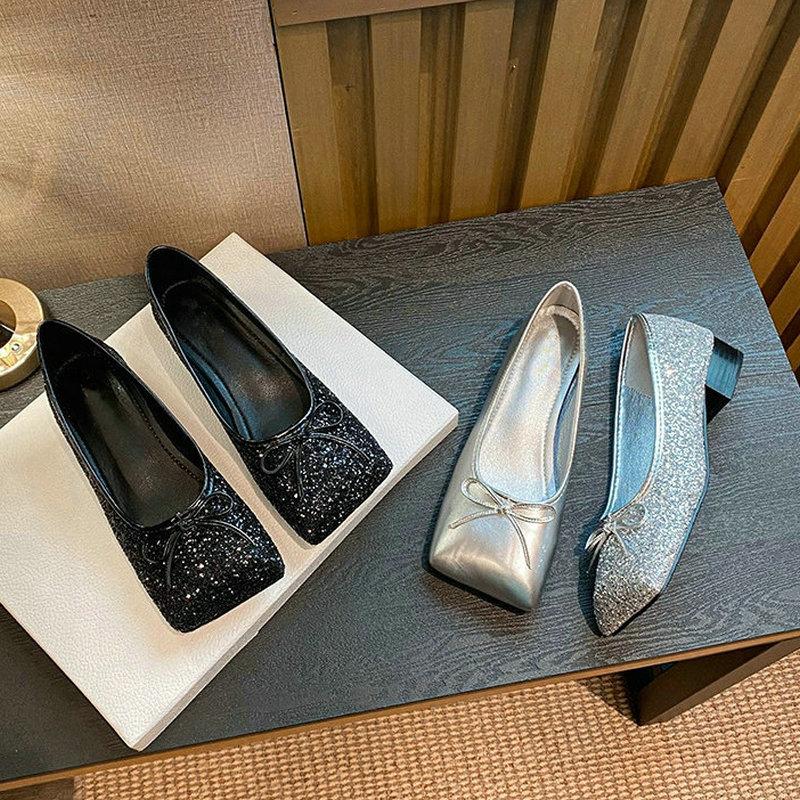 Fashion Super Shiny Square Toe Mary Jane Women'S Shoes 2025 Bow Silver Single Shoes Women'S Flat Versatile Single Shoes