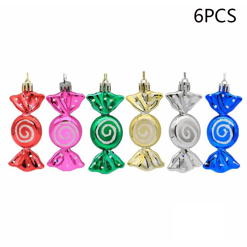 6Pcs Electroplating Plastic Candy Christmas Decoration Flat Candy Shape Xmas Hanging Ornament