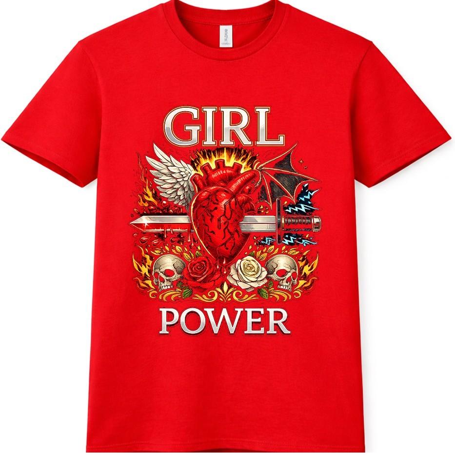 Girl Power Skull T-Shirt Gothic Heart Rose Dagger Tattoo Biker Gift Graphic Tee 4XL