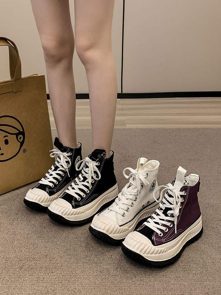 Canvas Shoes Women's High Top 2025 Spring and Autumn Design Sense Casual Sports Board Shoes Thick Sole Heightening White Shoes Velvet Short Boots