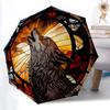 1 Stück Wolf Buntglas Automatischer Faltregenschirm Kompakter Leichter Reise-Regenschirm mit 8 Speichen Stabiler Rahmen, Winddicht & Selbst078