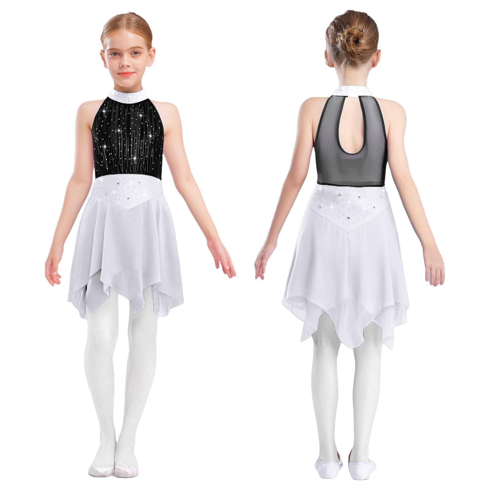 

Sleeveless Keyhole Back Dance Dress for Girls: Shiny Rhinestones Metallic Mesh Bodice Irregular Chiffon Hem for Figure Skating Lyrical Performance 5-6 Years