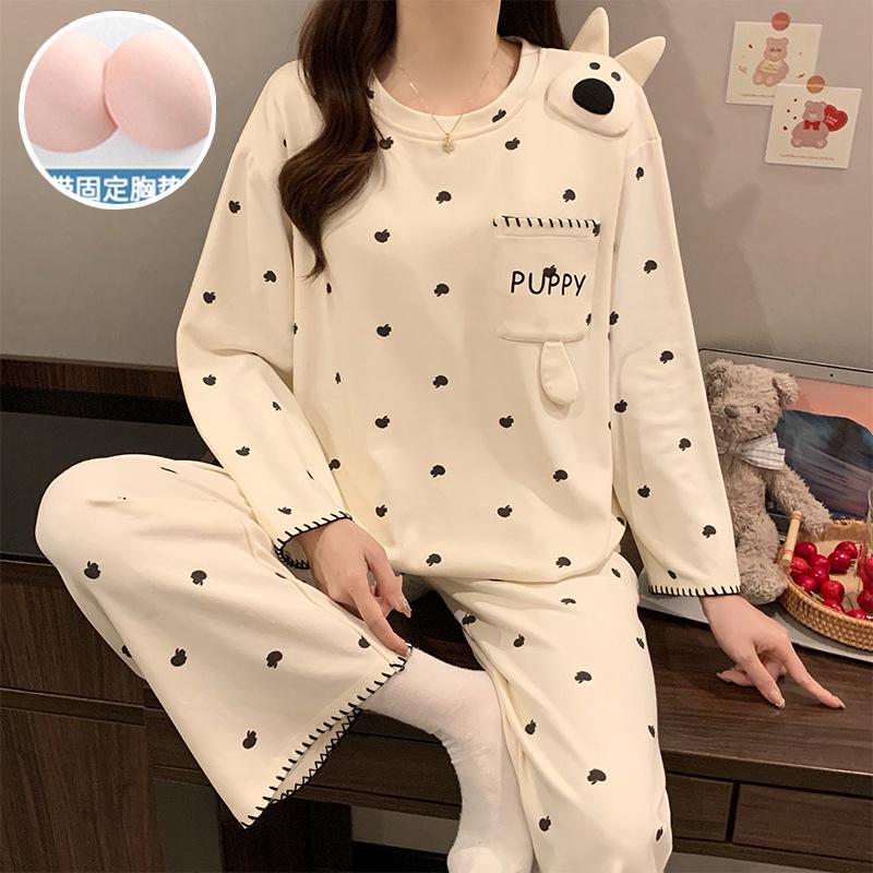 Women's Cute Polka Dot Pajama Set with Built-in Bra, Long Sleeve, Versatile for Indoor & Outdoor Wear - Spring/Autumn 2026 Collection