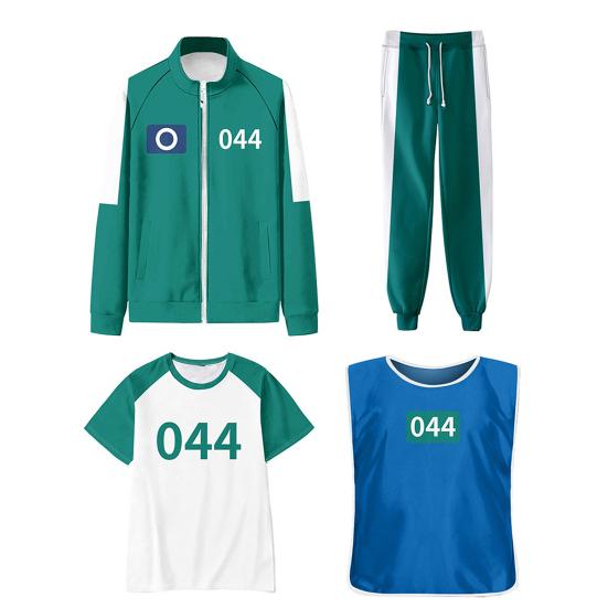 Kostým Squid Game Cosplay Čtyřdílná sada Tepláková souprava Oblečení Bunda Tričko Vesta Kalhoty Sada Sportovní mikina Halloweenský Karnevalový Párty Kostým