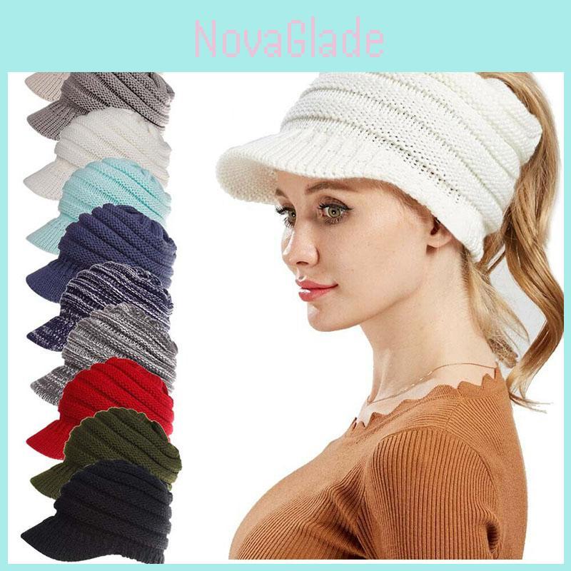 Cozy Womens Stretch Knit Hat With Messy Bun Ponytail Beanie For Winter Warmth