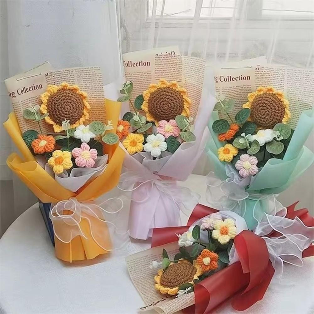 Crochet Knitted Flowers Bouquet Artificial Flowers Handmade Crochet Bouquet Bouquet Arrangement Handmade Sunflower Birthday