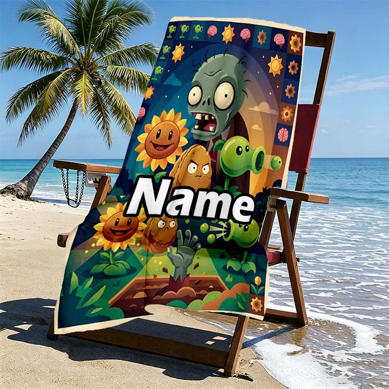 Custom Name Personalized Plants vs. Zombies Print Beach Towel, for Trip Camping Beach Party Home Decor, Birthday Gift for Family & Friends