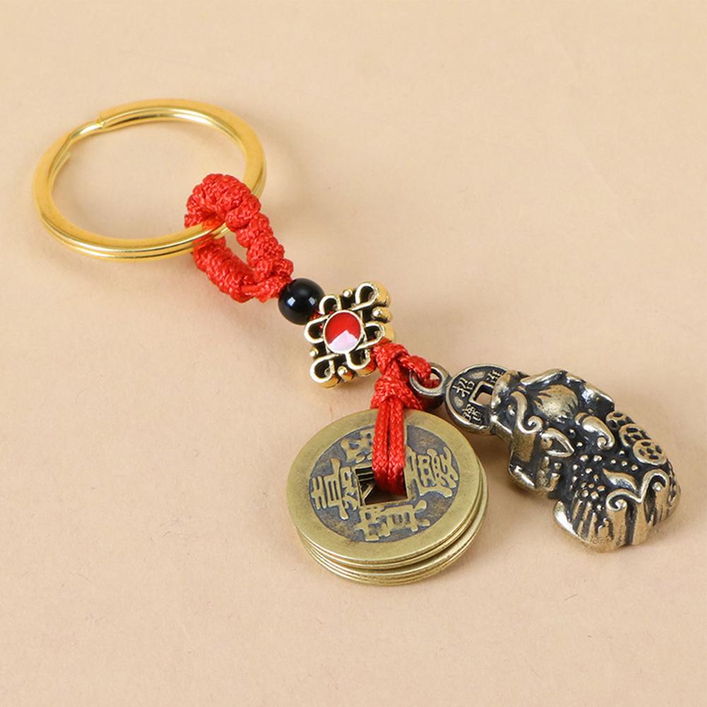 Vintage Lucky Finely Crafted Pure Copper Gourd With Five Emperors CoinsKeychain Charm Feng Shui Keyring Wealth-Attracting Decor