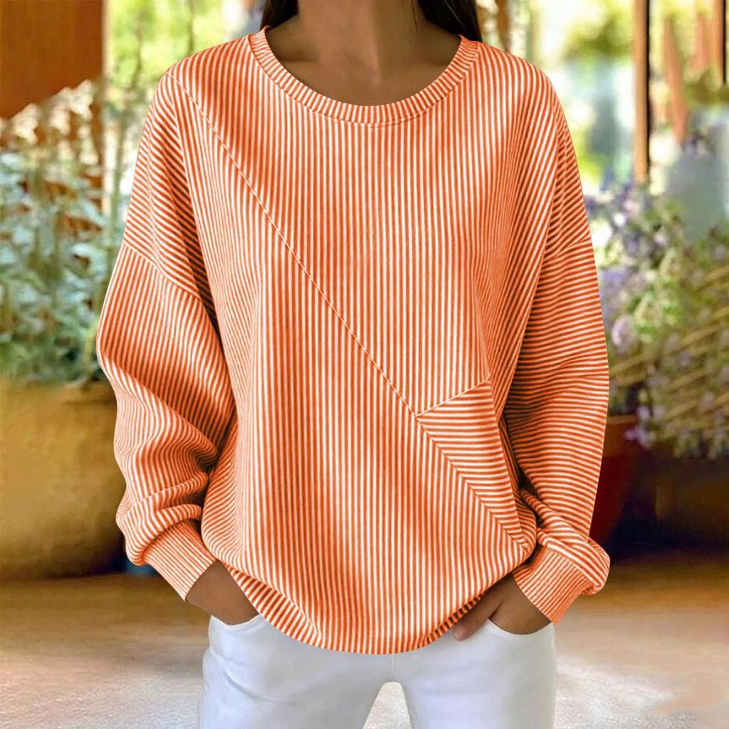 Sweatshirt à rayures pour femme, col rond, manches longues, haut pull décontracté