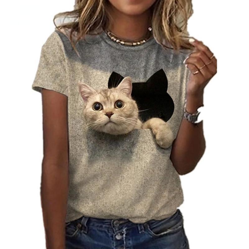 Summer Round Neck 3D Cat Print Top Fashionable Casual Short Sleeved Women's T-shirts