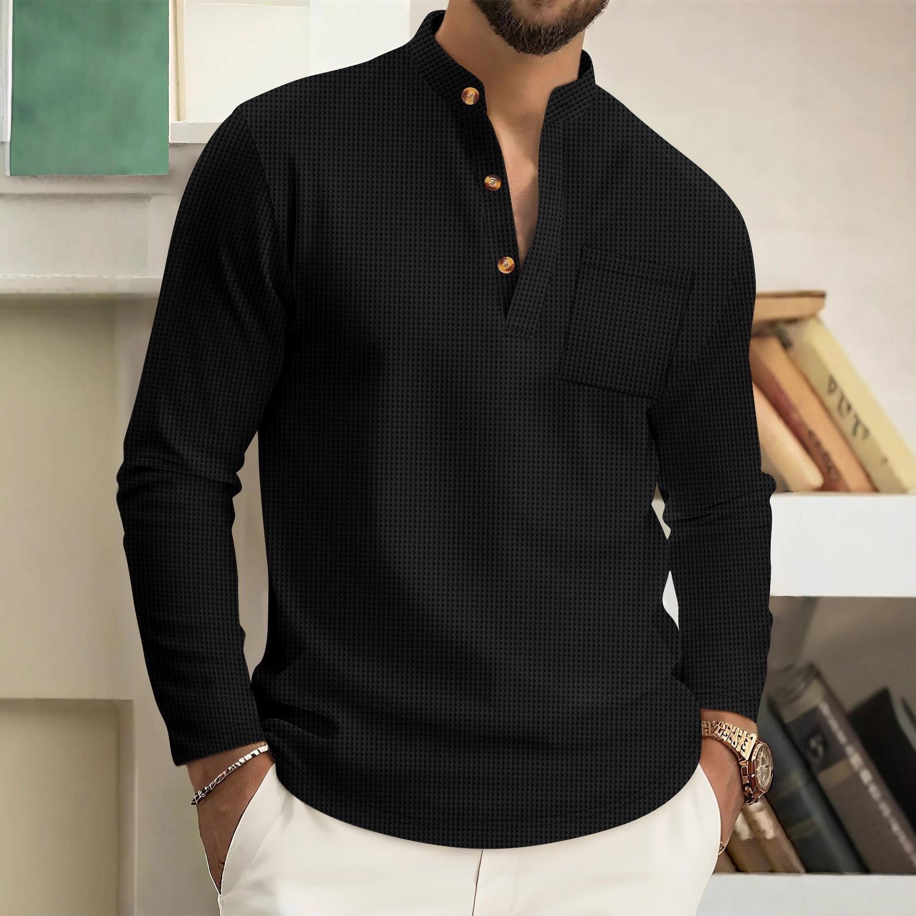 Mens Long Sleeve Waffle Texture Stand Collar Pocket Polo Shirt S