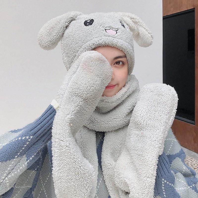 Warm Knitted Rabbit Ear Hat With Scarf Kids Women Winter Outdoor Wear Soft Fleece Lined Adjustable Hooded Beanie