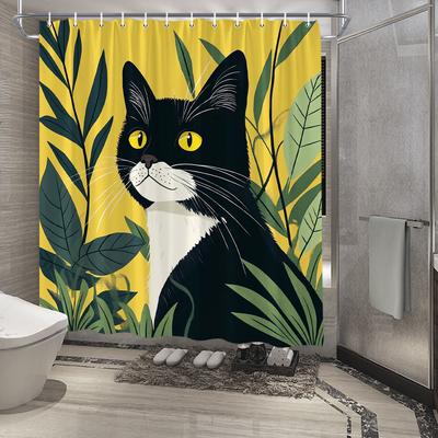 1Pc Shower Curtain Polyester Fabric Bathroom Decor Featuring Black-And-White Cat With Yellow Eyes And Tropical Green Leaves