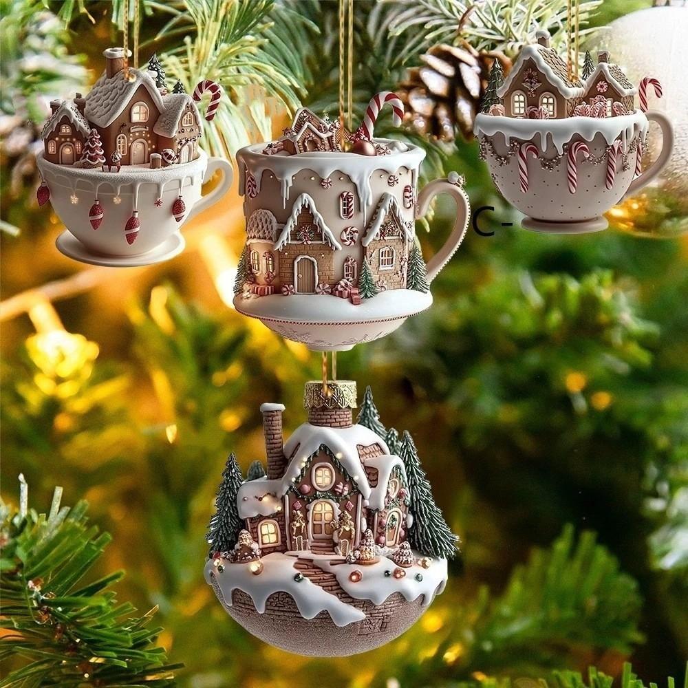 

2D Flat Car Coffee Cup Pendant Snow House Xmas Tree Hanging Ornament Rearview Mirror Accessories 4pcs Set