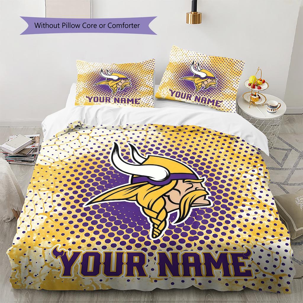 Benutzerdefinierter Name Minnesota Vikings 3 Muster Bettwäsche Steppdecke Set Heimdekoration Geschenk (1 Bettbezug + 2 Kissenbezüge (ohne Füllung))