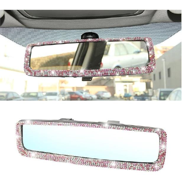 Bling Car Rear View Mirror, Rhinestones Crystal Clip-On Rearview Mirror With HD Glass, Compatible With Most Cars, SUVs, Vehicles, Auto Interior