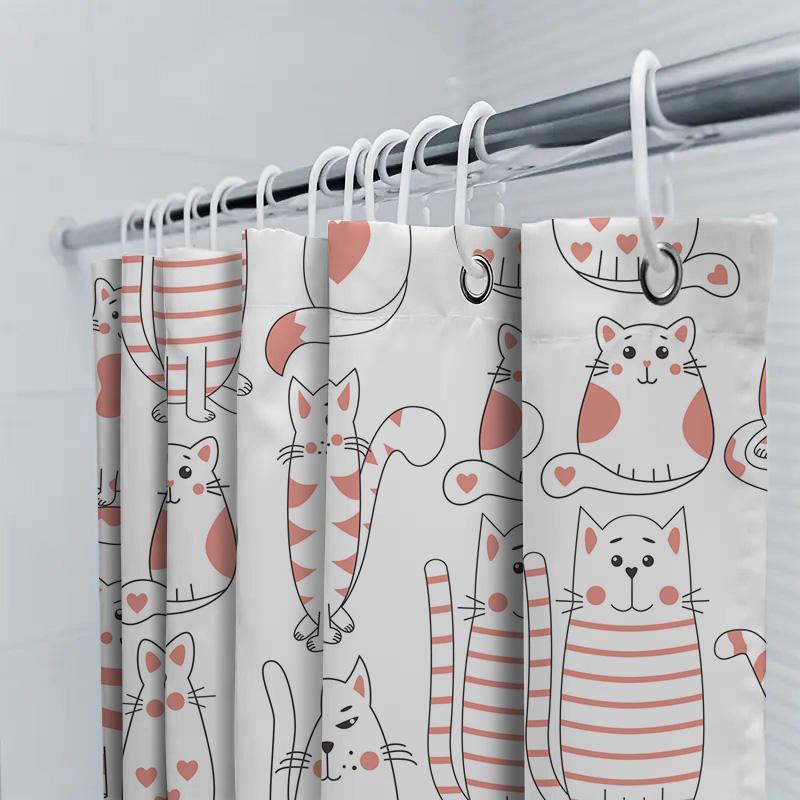 Cat Print Shower Curtain Striped Pink Hearts Pattern Waterproof Fabric Waterproof Bath Rugs Decor For Home Decoration