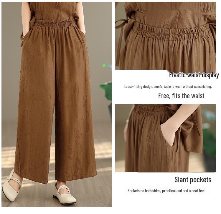 Women's Large Size Tencel Cotton-Linen Summer Suit: Slimming Round Neck Top & Wide-Leg Pants Two-Piece Set