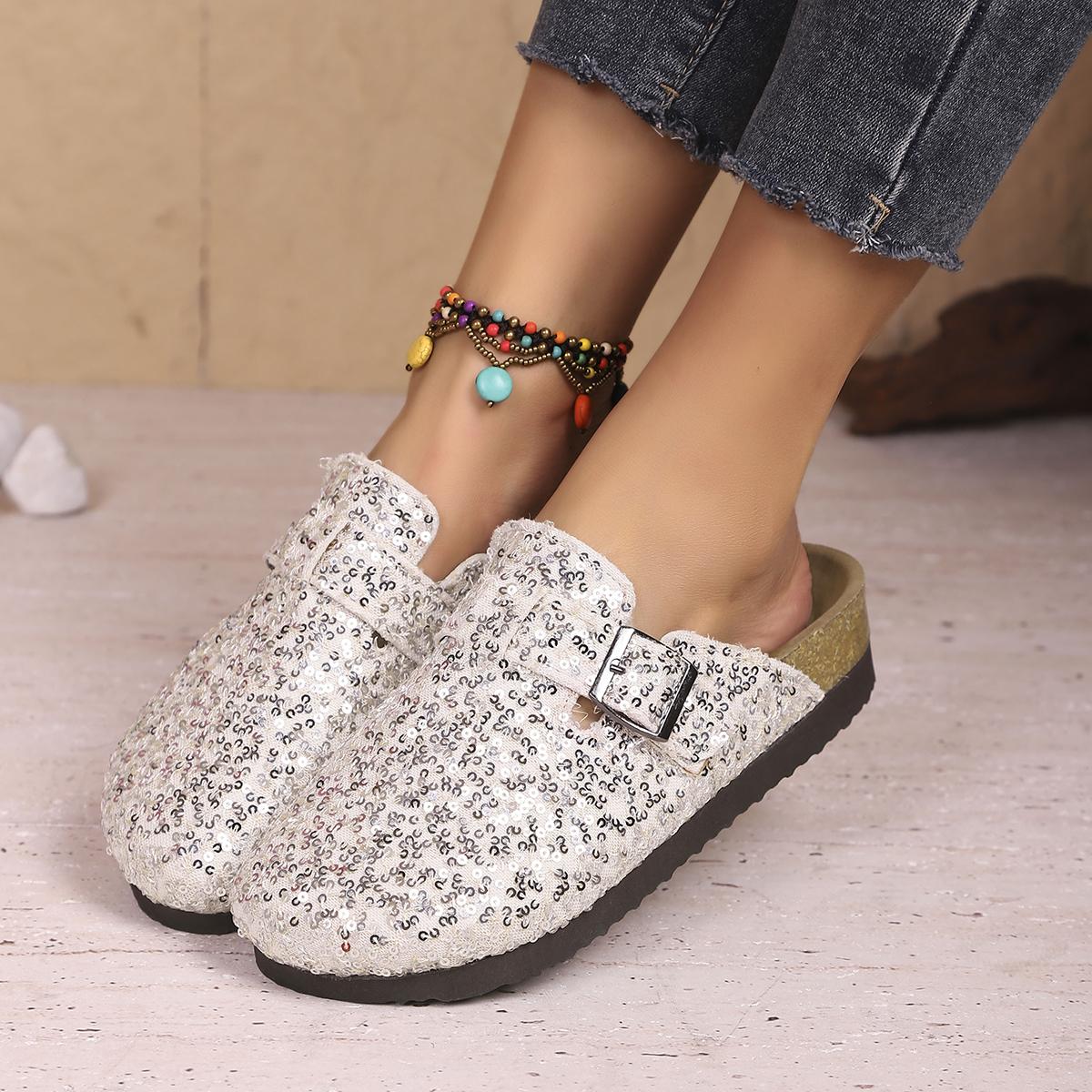 

Fashion 2025 New Women Slippers Casual Non Slip Flat Sandals Spring Sequined Half Slippers with Cork Toe Comfortable Shoes Slides Women 36