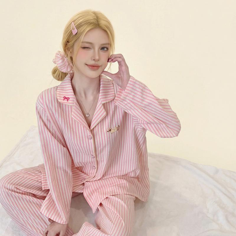 1011 new pure cotton pajamas women's spring and autumn long-sleeved loose striped suit women's cartoon loungewear can be worn outside