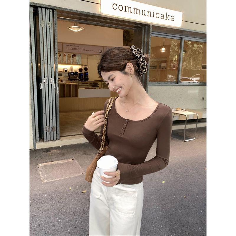 

Pusumede Scoop Black off-Shoulder Long Sleeves T-Shirt Spring Knitting Bottoming Shirt Female Silm Elegant Tops Brown(In stock) L