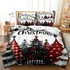 3Pcs Buffalo Plaid Christmas Tree Print Duvet Cover Set, Red Black Check Merry Christmas Snowflake Farmhouse Holiday Bedding