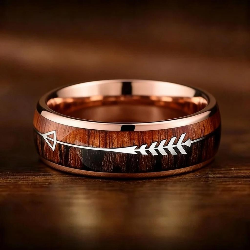 8mm Men Stainless Steel Rings, Rose Gold Color Brushed Koa Wood And Arrow Rings for Men, Wedding Jewelry Christams Gift