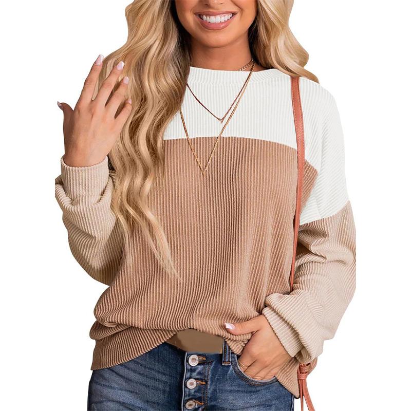 Women Fashion Color Block Long Sleeve O-neck Knitted Ribbed Casual Loose Pullovers